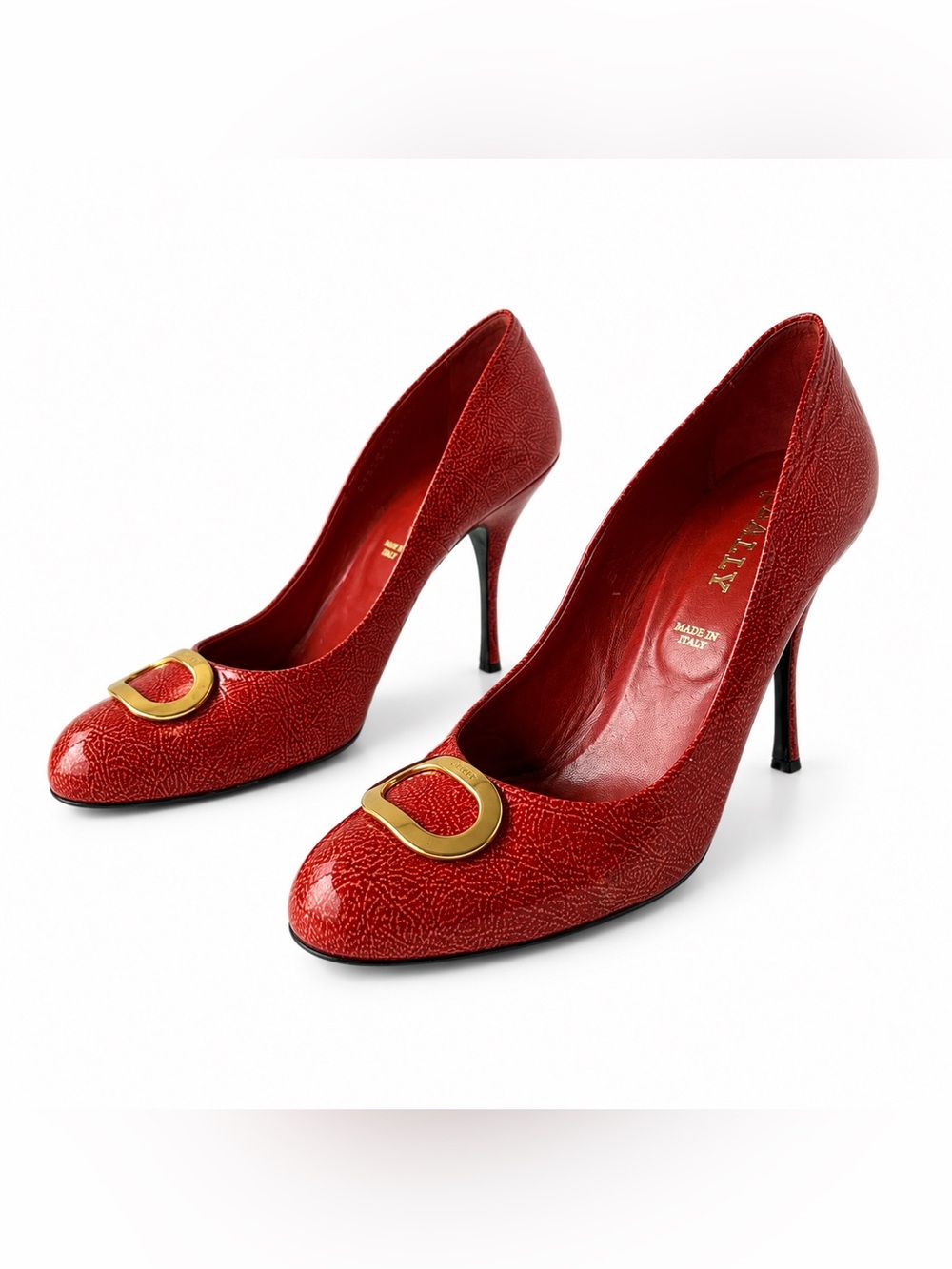 Vintage Bally Orange Patent Leather Pumps Gold Logo Accent 3” Heel Made in Italy